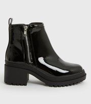 New Look Wide Fit Black Patent Block Heel Zip Ankle Boots